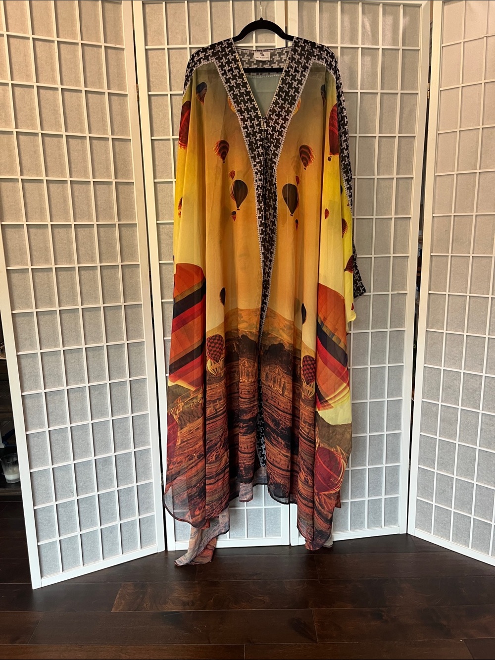 Caftan Maxi Dress in Yellow and Orange Colors with Hot-air Balloons  design
